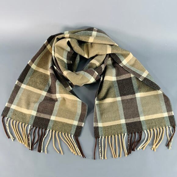 VINTAGE Brown Tan Plaid Cashmere Fringe Scarf - Picture 1 of 6